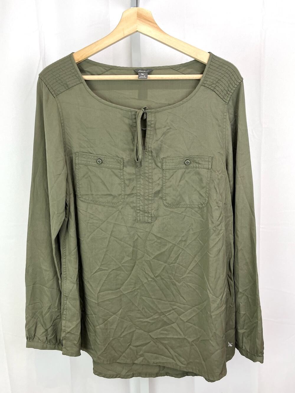 EDDIE BAUER Size M Keyhole Tie Neck Popover Top Long Sleeve Shirt Tencel Green
